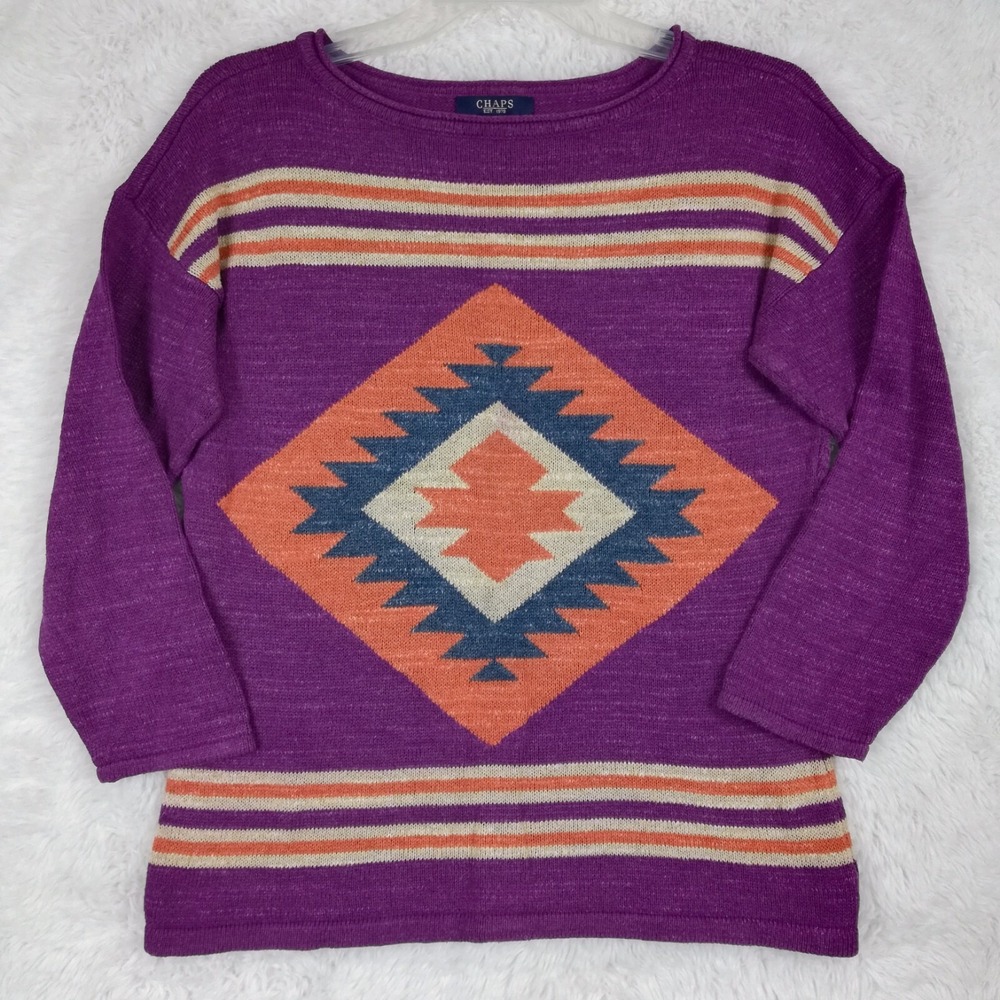 Chaps Womens Sweater Knit Aztec Desert Purple Pullover Striped 3/4 Sleeve M
